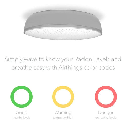 Wave 1st Gen Radon Detector With Free App Real Time Monitoring Temp And Humidity Tracking Battery Operated, showing color-coded radon levels.