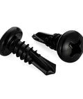 Pro Spec Number 12 X 3/4 Inch Pan Head Self Drilling Screws, Black 410 Stainless Steel fasteners with Phillips Drive detail.