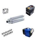 Heavy Duty Cnc Water Cooled Spindle Motor With Vfd Drive Kit For Precision Engraving And Milling 4Kw 380V displayed with cooling pump and collets.