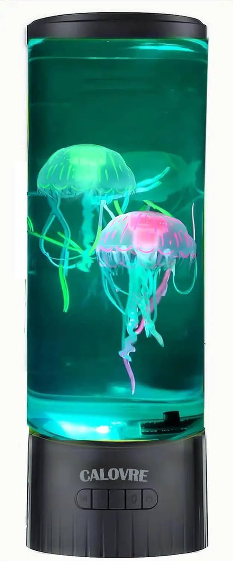 Large Jellyfish Lamp For Home Office Desk Decor Soothing Ocean Mood Light with floating faux jellyfish in cylindrical tank.