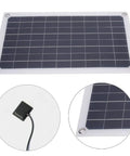 20W Monocrystalline Solar Charger Outdoors With Dual DC Output And USB Goes Off Grid For 12V Batteries Powers Camping And RV Life Weatherproof Silicon Panel High Efficiency Eco Friendly; top view, connector detail, corner close-up.