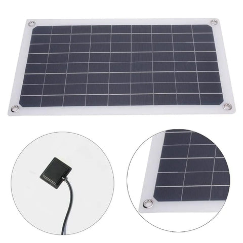 20W Monocrystalline Solar Charger Outdoors With Dual DC Output And USB Goes Off Grid For 12V Batteries Powers Camping And RV Life Weatherproof Silicon Panel High Efficiency Eco Friendly; top view, connector detail, corner close-up.