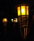 Double Pack Bamboo Tiki Torch Solar Landscape Lights illuminating a garden path at night with amber LED glow