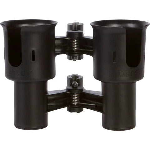 Heavy Duty Black Portable Clamp On Cup Holder And Versatile Dual Drink Caddy To Lock In Two Beverages, sturdy design with dual cup slots.