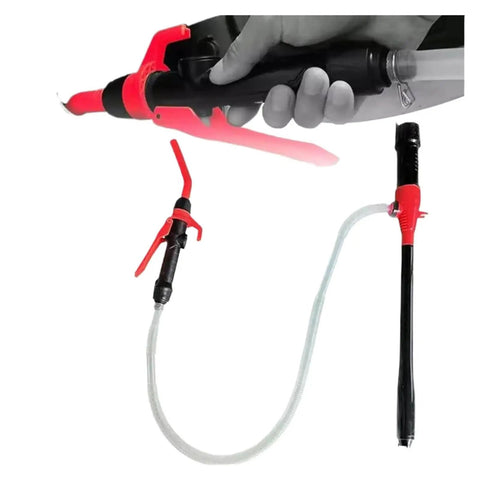 Super Cool Cordless Battery Operated Fuel Transfer Pump With Long Flexible Hose For Easy Siphoning Oil Gas And Fluids Portable Liquid Extractor Tool That Is Totally Rad, showing pump and hose.