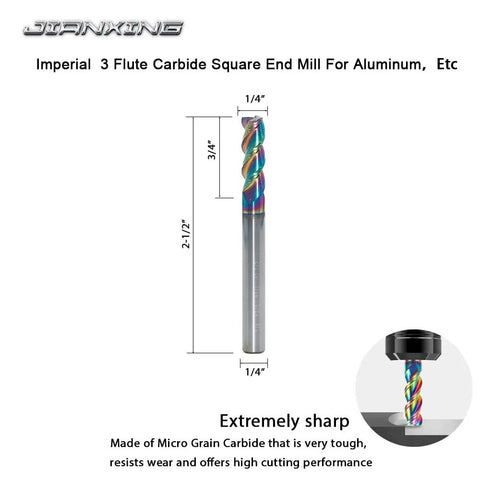 Carbide Square End Mill Workhorse For Aluminum And Copper Alloy Plastic One Quarter Inch Three Flute HRC 55 DLC Coating CNC Router Bits