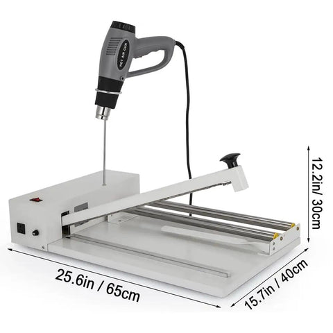 GfaZxds 2 In 1 Hand Wrapping Machine With Heat Gun And Shrink Film For Food, Book, And Box Packaging shown with dimensions 25.6in x 15.7in.