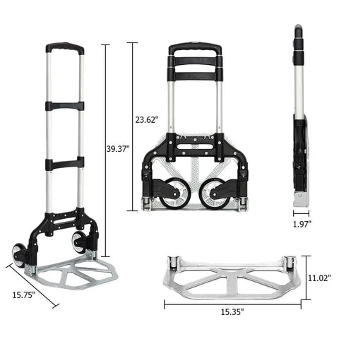 Dimensions and components of Folding Hand Truck Dolly For Moving And Shopping Aluminum Portable Collapsible Cart 200 Lb Capacity.