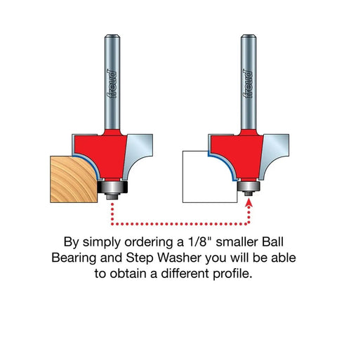 Illustration of Quadra Cut Rounding Router Bit With Perma Shield Coating For Maximum Durability, showcasing edge profiles and shank size.