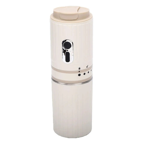 Kickstart Mornings On The Go With This Portable Electric Coffee Maker And Compact Travel Cup For Fresh Java Anywhere. Cream-colored electric coffee grinder.