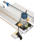 Heavy Duty Twenty Six Inch Dado Jig Router Guide For Slick Cabinet Edges And Plywood Ripping With Fast Knob Adjustment And Zero Sweat Setup That Delivers Knockout Shelf Cuts On Command Always, with router, clamps, and cutting guide.