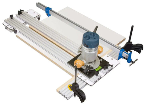 Heavy Duty Twenty Six Inch Dado Jig Router Guide For Slick Cabinet Edges And Plywood Ripping With Fast Knob Adjustment And Zero Sweat Setup That Delivers Knockout Shelf Cuts On Command Always, with router, clamps, and cutting guide.