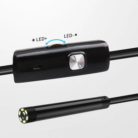 Close-up of Phone Borescope Endoscope With 6 LED Lights And 3.3ft Flexible Cable, showing LED control knob and camera head.