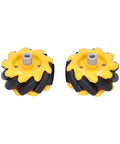 Pair of 48mm mecanum wheels with yellow ABS hub and black rubber rollers for DIY robot car