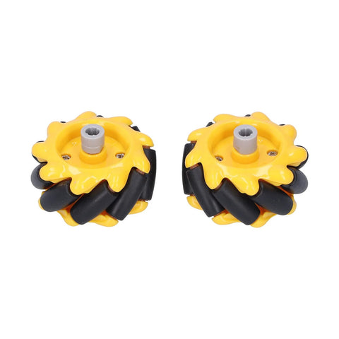 Pair of 48mm mecanum wheels with yellow ABS hub and black rubber rollers for DIY robot car