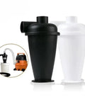 Black and white Pro Grade Dust Cyclone Separator for Industrial Vacuum Systems, showing side and top in use