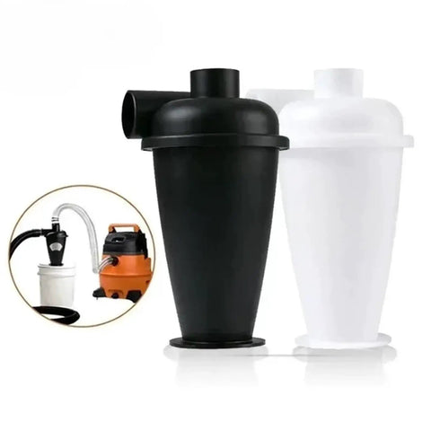 Black and white Pro Grade Dust Cyclone Separator for Industrial Vacuum Systems, showing side and top in use
