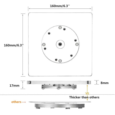 Top view of Slick Square Acrylic Cookie Decorating Turntable With Anti Slip Silicone Mat, dimensions 160mm, 17mm thick.