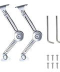 2 Pack Soft Close Toy Box Hinges With Heavy Duty Lid Support And Adjustable Tension in silver with screws and tools.