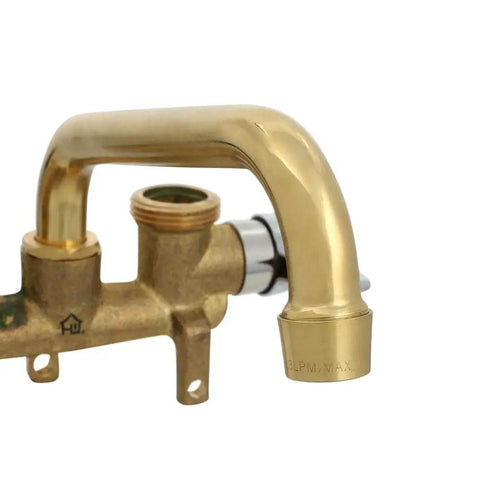 Close-up of Two Handle Laundry Faucet With 7 Inch Rough Brass Swivel Spout Drip Free No Fuss Quarter Turn Valve Garden Hose Connection Removable Aerator