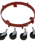 Adjustable Open Deck Drum Dolly Handles 15 To 16 Gallon Steel Or Plastic Barrels Rated For 120 Pounds featuring a red steel frame and casters.