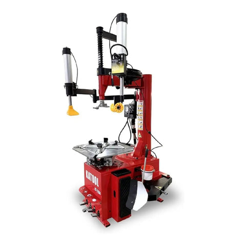 Industrial Grade Tire Changer And Wheel Balancer Combo With Two Horsepower Bead Blaster and Hardened Alloy Steel Jaws on red machine