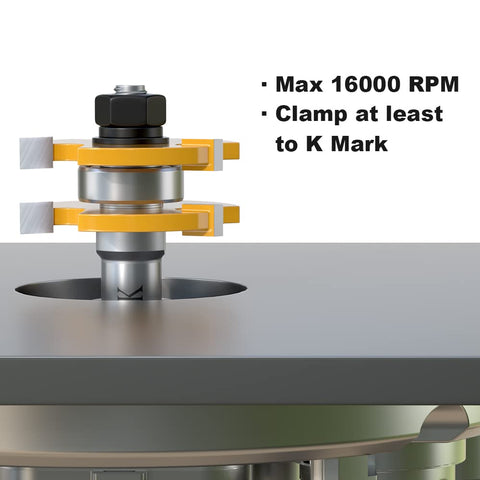 Close-up of Tongue And Groove Router Bit Set with 1/2 Inch Shank T-Shape 3 Teeth Wood Milling Cutter, max 16000 RPM, clamped on table.