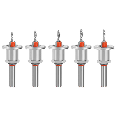 5 Pieces Tapping Screw Drill Bit Alloy Steel W/Adjustable Positioner For Wood Projects And Cabinets with silver and red design.