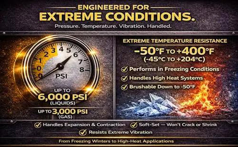Infographic showing performance details for All Purpose Pipe Dope Pro Grade Thread Sealant With High Viscosity And Low Odor For All Piping Types Soft Set Formula Yellow 1 Fl Oz Tube Safe For Potable Water And Natural Gas Lines, highlighting extreme temperature resistance and pressure handling capabilities.