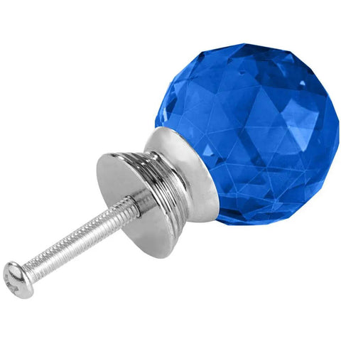 Twelve Pack Of 30mm Round Blue Crystal Glass Cabinet Knobs With Sleek Chrome Hardware Screws Included For Kitchen Cupboard And Dresser No Sweat Install Smooth Moving Home Decor close-up of a single blue crystal knob with chrome base.