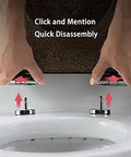 Hands demonstrating the quick disassembly of the Sparkly Resin Elongated Toilet Seat With No Hassle Quick Release And Smooth Slow Close Lid Easy Tool Free Setup For Modern Bathrooms.