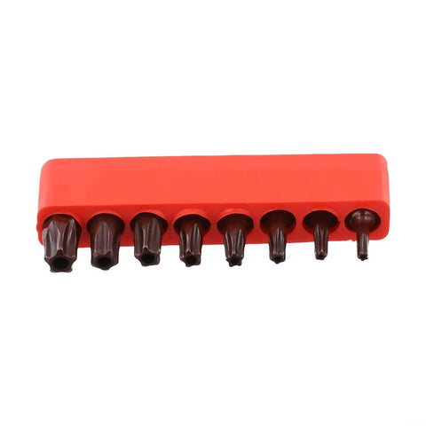 Awesome 8-Piece Torx Security Bit Set With Hardened Steel TS8 To TS40 Sizes For Power Drills Auto And Electronics Repair At 1-Inch Length To Handle Heavy Duty Jobs Without Slipping Or Stripping Threads., red holder with 8 Torx security bits