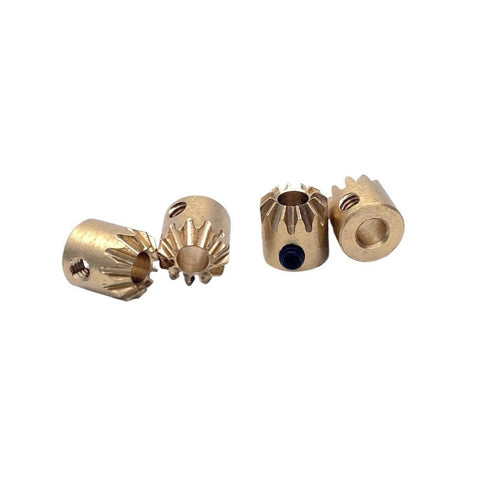 Two Pack Copper Bevel Gear Set 0.5M 12 Teeth Right Angle 1 To 1 Miter Pinion 2mm Bore Conical Bevel Gear For 90 Degree Transmission And Smooth Power Transfer, showing four copper gears on white background.