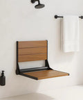 18 Inch Folding Teak Shower Bench Seat in Black, ADA Inspired Accessible Design, wall-mounted in shower area