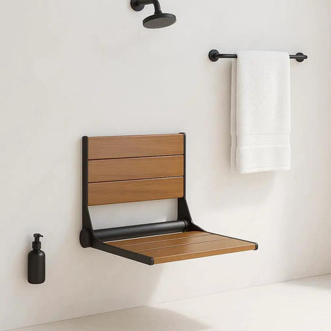 18 Inch Folding Teak Shower Bench Seat in Black, ADA Inspired Accessible Design, wall-mounted in shower area