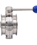 Side view of Beefed Up Heavy Duty Sanitary Butterfly Valve With Pull Handle, 304 Stainless Steel, 4-inch Tri Clamp Fittings.