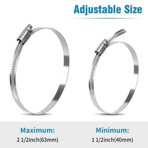 Two stainless steel worm-gear hose clamps, adjustable 1.5–2.5 in (40–63 mm) for plumbing and automotive.