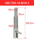 2 Pack Tough As Nails Stainless Steel Retractable Plunger Pins, 105.2mm tall, with locking pin and detailed measurements.