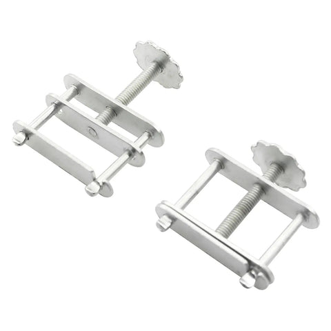 Two stainless steel Five Pack Lab Flow Control Tube Clamps With Adjustable Rotating Screws for scientific experiments.
