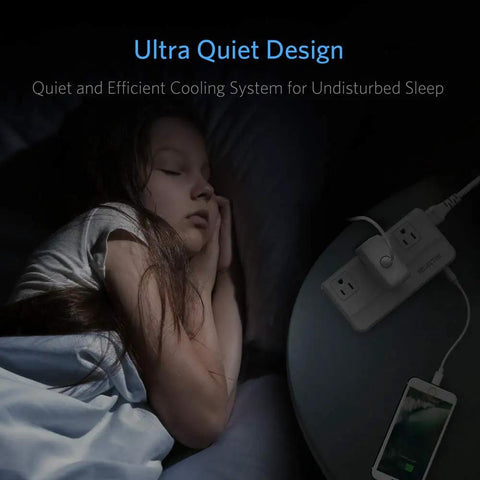 Voltage Converter 220V To 110V Travel Adapter with USB ports on a nightstand, phone charging near sleeping person, ultra quiet design.