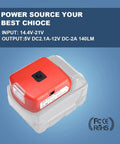 Battery Converter For Milwaukee 18V Batteries With USB Charger, DC Port and 3W LED Work Light in red and clear casing