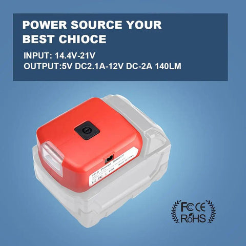 Battery Converter For Milwaukee 18V Batteries With USB Charger, DC Port and 3W LED Work Light in red and clear casing