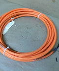 Single RKL0019 servo motor cable for industrial drives, shielded high-flex power and encoder signal cord, coiled on display.