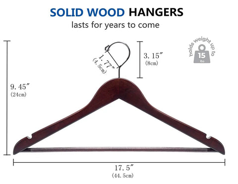 Solid Wood Hangers 20 Pack With Smooth Walnut Finish Non Slip Pant Bar 360 Degree Swivel Hook Holds 15 lbs Dimensions in inches