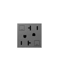 Front view of tamper resistant GFCI outlet with auto self test every three seconds, 20 amp magnesium finish, easy reset buttons visible.