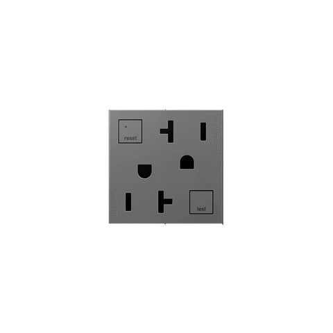 Front view of tamper resistant GFCI outlet with auto self test every three seconds, 20 amp magnesium finish, easy reset buttons visible.