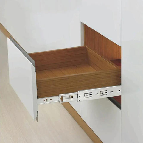 Heavy Duty Stainless Steel Drawer Slides With 3 Fold Full Extension And Ball Bearing Runners, side mount on wooden drawer
