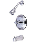 Concord Tub And Shower Faucet With Polished Chrome Finish Brass Construction Pressure Balanced Washerless Cartridge Concord Cross Handle Style 2.0 GPM Showerhead Water Saving Bathroom Fixture