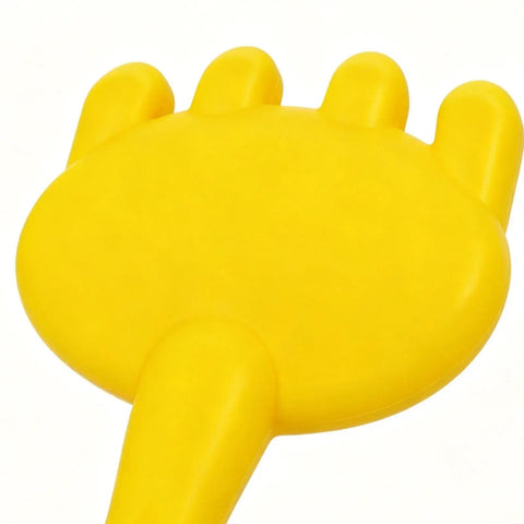 Close-up of yellow rake handle from Epic Beach Toy Set For Kids With Folding Bucket And Construction Tools, 5 Animal Design Shovels Buckets And Rakes