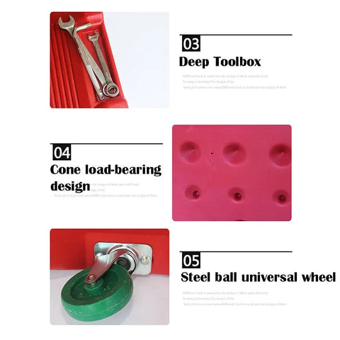 Built Different Mechanic Rolling Creeper With Ergonomic Padded Headrest And Smooth Gliding Universal Casters Featuring Dual Storage Trays And Rugged Carry Handle Supporting Three Hundred Fifty Pounds